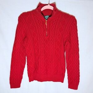 Vintage Ralph Lauren 100% Cotton Bright Red Cable Knit Pullover Sweater 1/4 Zip